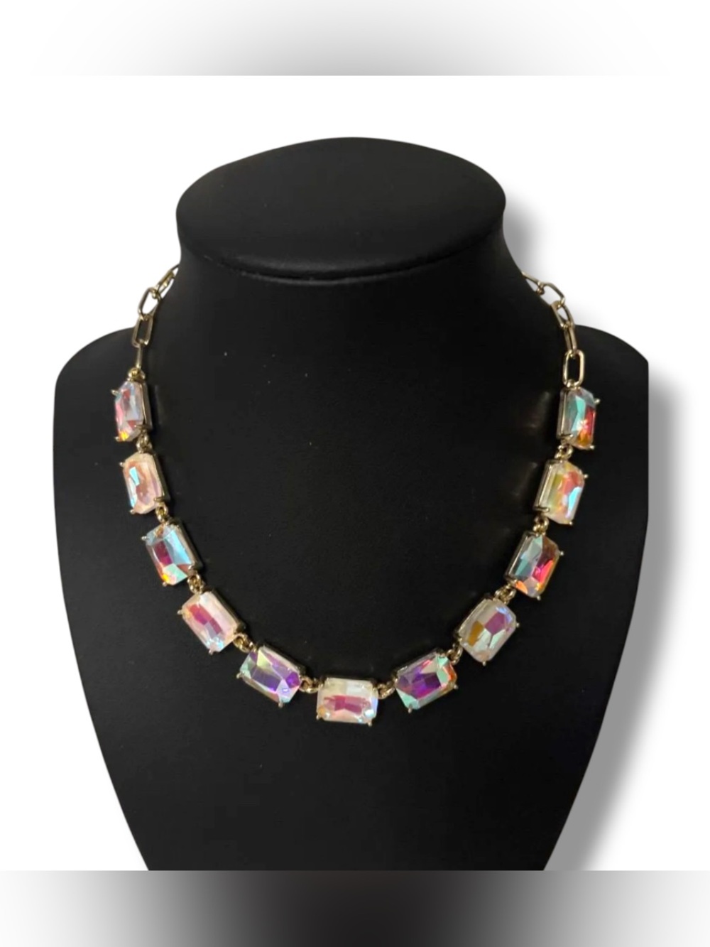 AB Iridescent Pink Rectangle Glass Cut Stones w/ Gold Chain Necklace